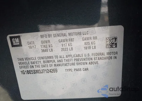 2018 Chevrolet Cruze Lt Auto z USA, uszkodzony, nr VIN 1G1BE5SM3J7124269